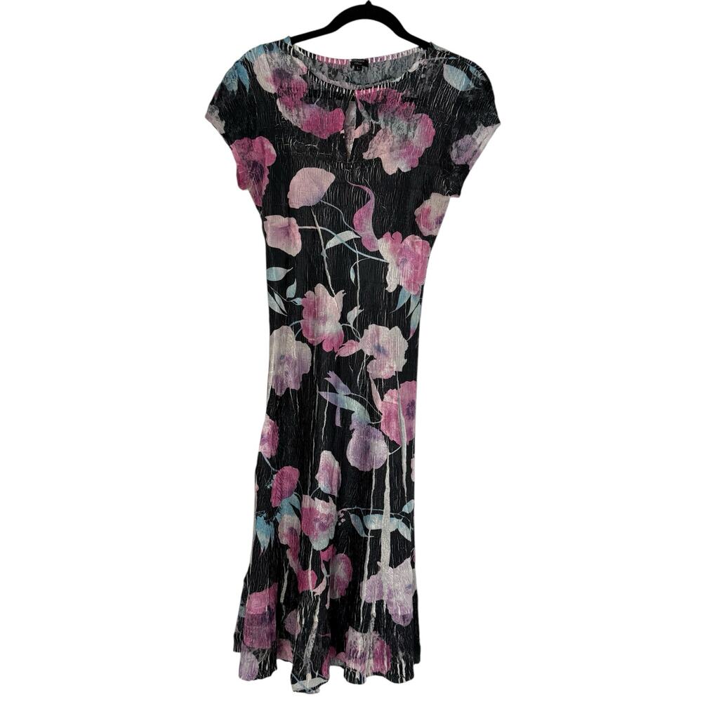 Komarav Midi Dress Women L Black Pink Floral Lace Whimsy Romantic Crinkle